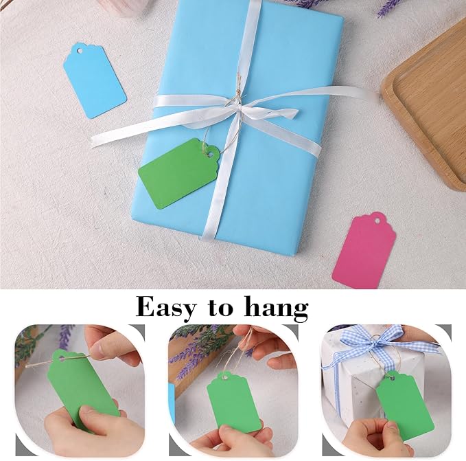 SallyFashion 120PCS Gift Tags with String Attached, 1.6 x 2.8 inch Colored Paper Hang Tags for Clothes DIY Crafts Wedding Holiday