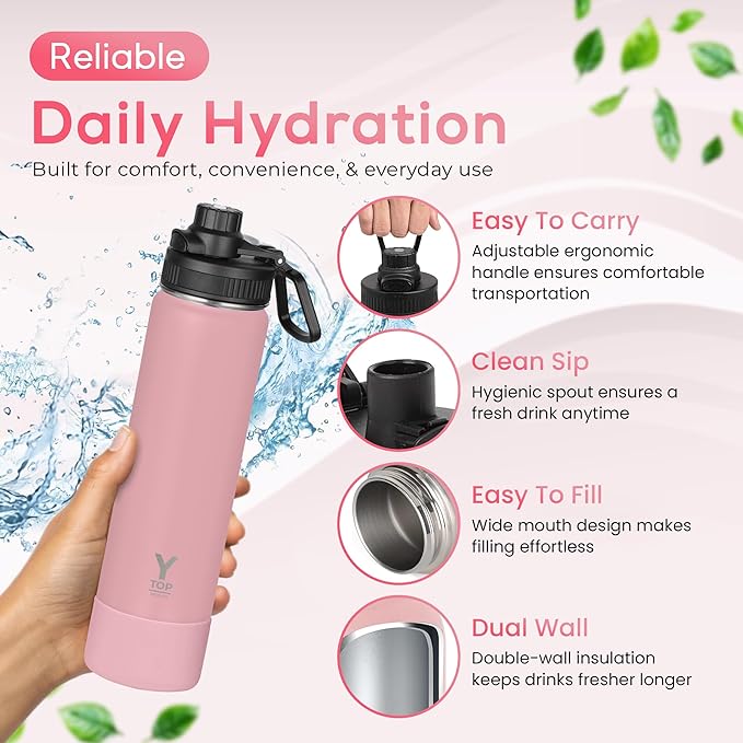 Y TOP 24oz Insulated Water Bottle Cup Holder Friendly, Leak Proof Spout Lid, Double Wall Insulation, Dishwasher Safe, Easy Clean Stainless Steel Water Bottle for Gym Kids Sports Travel School Hiking
