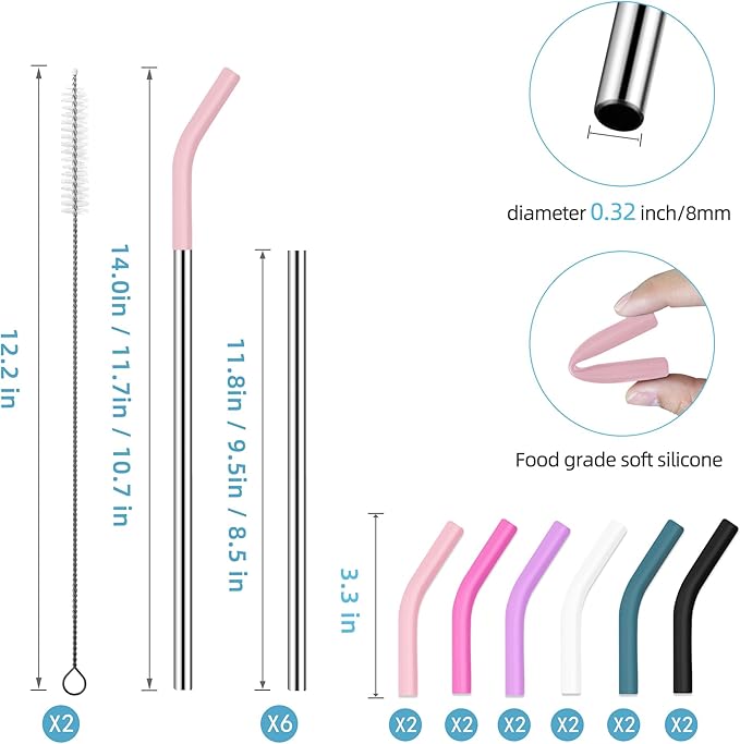 20 30 40 oz Stainless Metal Straws for Stanley Tumbler, 6Pcs Reusable Straight Long Steel Straws with 12 Silicone Tips and 2 Straw Cleaning Brushes (6Color2, 20 30 40oz)