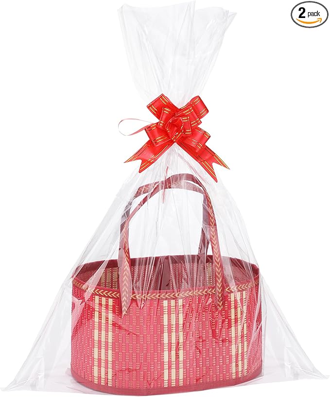 MADHOLLY 2Set Large Bamboo Christmas Baskets for Gifts Empty - 6"x7.5"x11.4" Sturdy Easy to Setup Gift Basket with 2 Clear Bags and Bows, for Thanksgiving, Housewarming Party Gift Wrapping