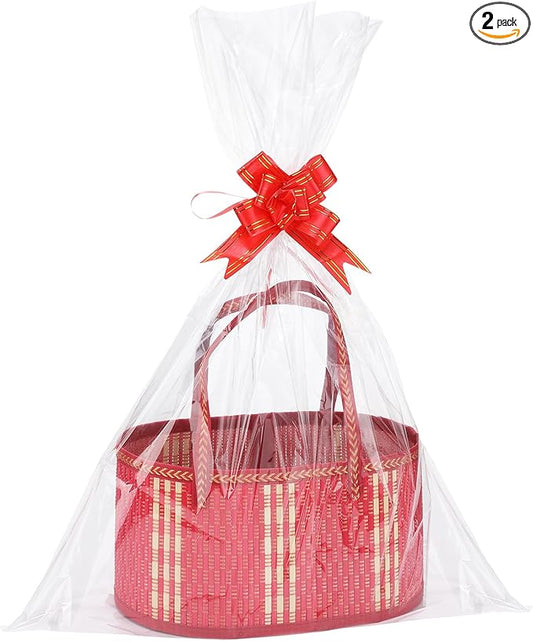 MADHOLLY 2Set Large Bamboo Christmas Baskets for Gifts Empty - 6"x7.5"x11.4" Sturdy Easy to Setup Gift Basket with 2 Clear Bags and Bows, for Thanksgiving, Housewarming Party Gift Wrapping