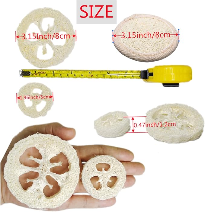 50Pcs Natural Loofah Cuts Slice of 3.15inch, Reusable Cleaner Sponge Scrubber, Facial Soap Holder and DIY Customize Soap Tools, with 3Pcs Exfoliating Loofah Pad and 1 Storage Bag