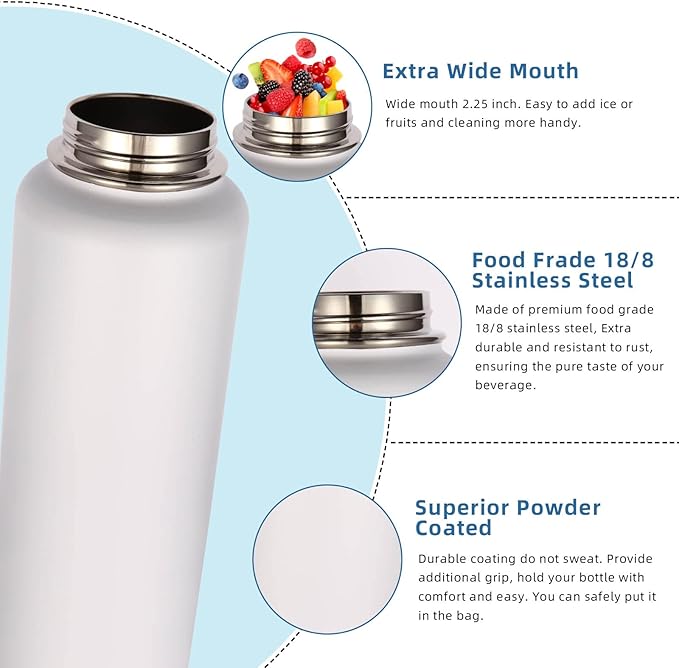 Volhoply Insulated Water Bottles Bulk 4 Pack,Not Suitable for Sublimation, 40 oz Stainless Steel Sports Bottle with Paracord Handle & Spout Lid, Double Walled Vacuum Metal Travel Flask(White,4 Set)