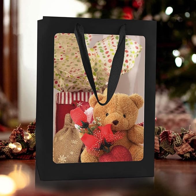 BallHull 24 Pcs Black Kraft Paper Gift Bags with Transparent Window, 9.84"x7.0"x5.12" Kraft Shopping Bags with Handles for Bouquet Christmas Birthdays Festivals Party Weddings Wrapping