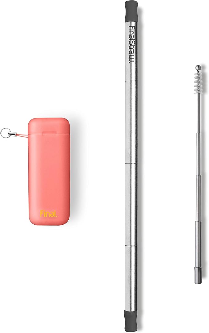 FinalStraw Collapsible, Reusable, Metal Straw | Travel Case, Cleaning Tool | Easy to Clean | Stainless Steel and 100% Silicon Tips | Eco-Friendly | Healthy Coral Case, Silver Stainless Steel