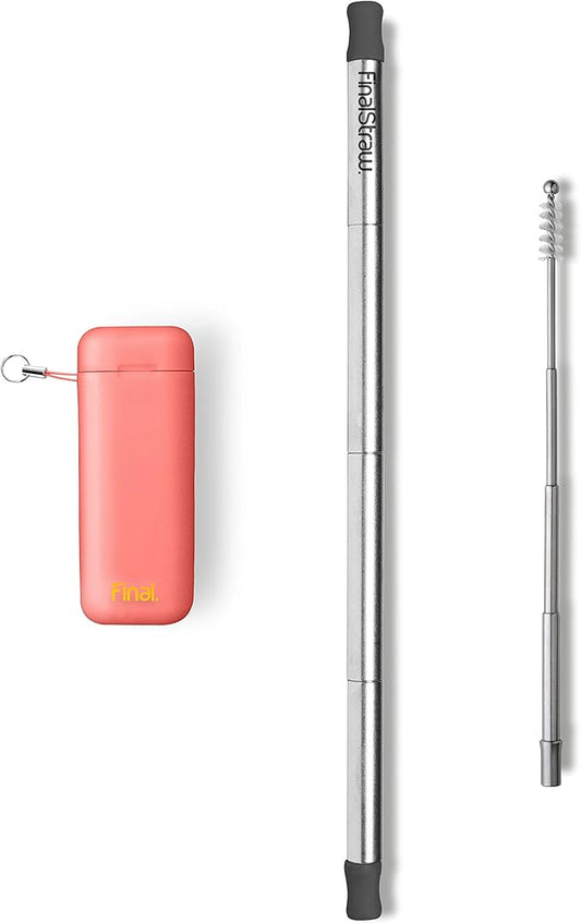 FinalStraw Collapsible, Reusable, Metal Straw | Travel Case, Cleaning Tool | Easy to Clean | Stainless Steel and 100% Silicon Tips | Eco-Friendly | Healthy Coral Case, Silver Stainless Steel