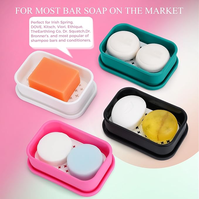 Silicone Soap Holder， Enhanced Leak-Proof Travel Soap Container with Draining Layer，Portable Bar Soap Holder, Soap Case with Soap Bag, Soap Dishes for Bathroom/Camping/Gym/ (Pink)