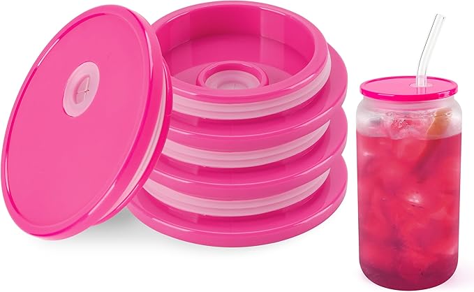 Joyclub 4 Pack Acrylic Lids for 16 oz Glass Cups with Bamboo Lids and Straws Reusable Iced Coffee Cup Beer Can Drinking Glasses for Smoothie Whiskey Boba Soda Tea Gift (Rose Red)