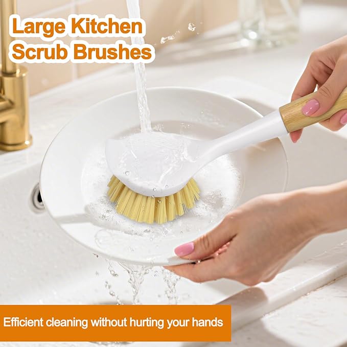 Dish Brush Set with Bamboo Handle, Kitchen Brushes for Cleaning Pot, Sink and Stove, Skillet Scrubber with Tough Bristles for Cast Iron Grill Pan, 2 Pack