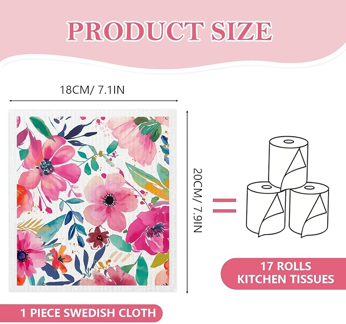 Mixed Flowers Swedish Kitchen Dishcloths Dish Towels 6 Pack, Flowers Dish Towels for Kitchen, Swedish Dishcloth with Flower, Paper Towels Reusable, Dish Cloth Towel Cleaning Wipe for Home Party