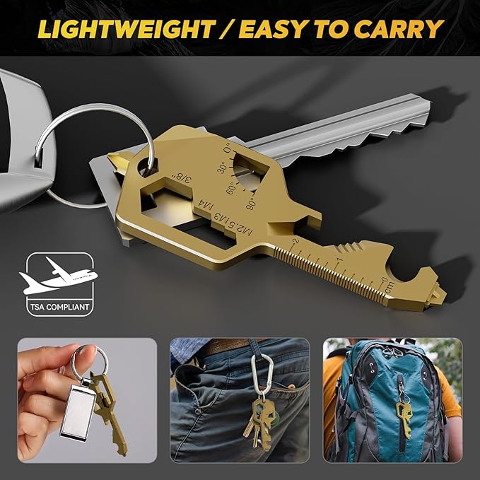 Key Shaped Pocket MultiTool 20-in1 Multi Tool, Stainless Steel Keychain Utility Gadget,Gift for Men, Women, Father,Groomsmen, Valentine's, Birthday, Christmas(Gold)
