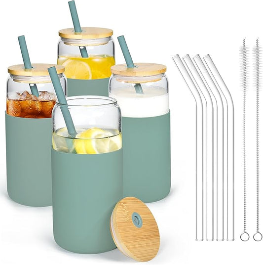 20 oz Glass Cups with Lids and Straws Iced Coffee Glasses with Silicone Protective Sleeve Drinking Glasses Set of 4 for Juice Beer Soda(Green*4)