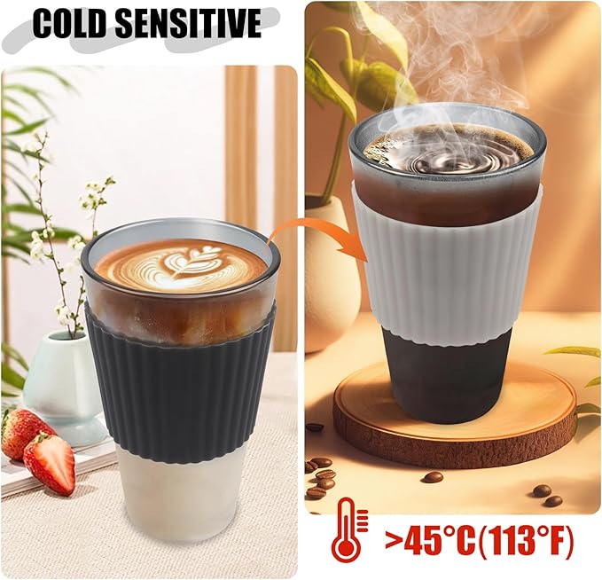 Black Glass Cups with Lid and Straw, 16 oz Glass Coffee Cup, Reusable with Temperature Sensitive Silicone Sleeve and Silicone Straw,Travel Iced Coffee Cup for Juice andMilk Tea (single pack)