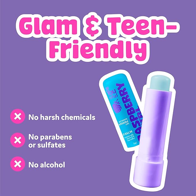 BeYoutiful Skincare Natural Lip Balm Set of 8 for Teens, with Shea Butter & Vitamin E, 8 Fruity Flavors In a Gift Box, Great Stocking Stuffer Gifts for Kids Girls, Tweens and Teens