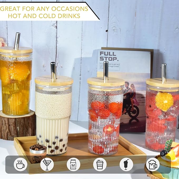 4Pcs 24oz Glass Cups with Lids and Straws, Mason Jar Iced Coffee Cup Wide Mouth Jar Drinking Glasses Set Coffee Mug Smoothie Cup Glass Tumbler Bamboo Lids Metal Straws for Juice and Cocktail Whiskey