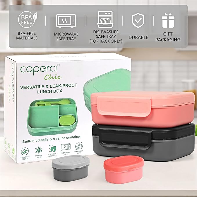 Caperci Bento Box Adult Lunch Box - Stackable Leakproof 47oz Lunch Containers for Adults with Sauce Container - Idea for Office, On-the-go, Microwave/Dishwasher Safe, BPA Free (Black)