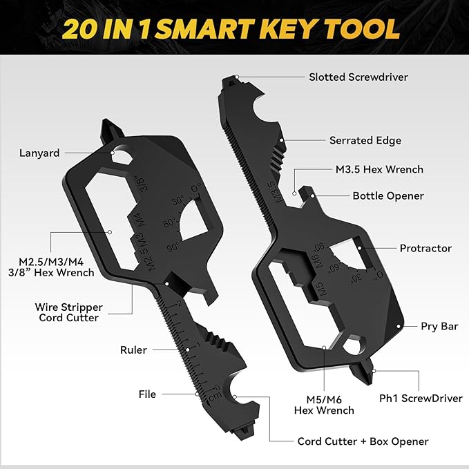 Key Shaped Pocket MultiTool 20-in1 Multi Tool, Stainless Steel Keychain Utility Gadget,Gift for Men, Women, Father,Groomsmen, Valentine's, Birthday, Christmas (Black)