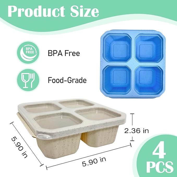 4 Pack Bento Snack Containers, 4 Compartment Divided Meal Prep Lunch Box Containers, Wheat Straw Reusable Food Storage Lunchable Container for Work Travel Picnic