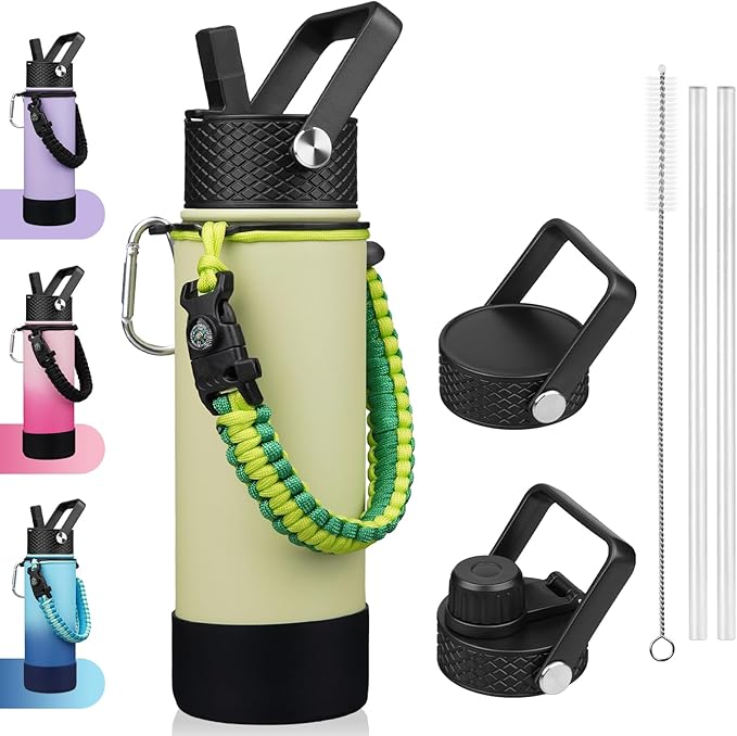 BJPKPK Insulated Water Bottle with Straw Lid, 22oz Thermal Flasks Water Bottles with 3 Lids, Paracord Handle & Non-slip Boot, BPA Free Leak Proof Stainless Steel Tumblers,Macaron Green