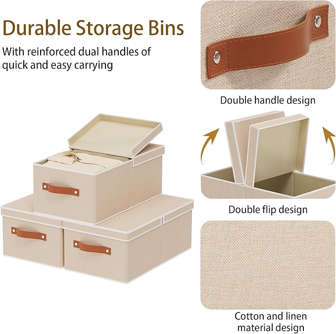 3-Pack Storage Boxes, Foldable Blanket Basket with Detachable Lid, Linen Closet 0rganizers with Double Handles, Collapsible Cubes for Organizing, Beige, 18.5 x 11 x 7.9 inch