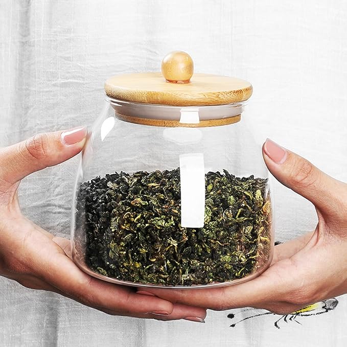 TOYANDONA Glass Storage Jar with Wooden Ball Lid Airtight Food Container for Coffee Beans Tea Dried Fruits Multi-purpose Sealed Canister for Kitchen Pantry Organization