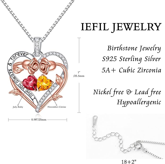 Iefil Rose Heart Double Birthstone Necklace Gifts for Wife Her Mom Women, Birthstone Jewelry Gemstone Birthday Gifts for Girlfriend Grandma Her Wife Women