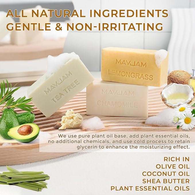 MAYJAM Natural Botanical Bar Soap With Essential Oil, Vitamin E, Pure Plant Oil Bath Body Soap- Lemongrass,Tea Tree, Roman Chamomile Rich Creamy for Men, Women All Skin Type
