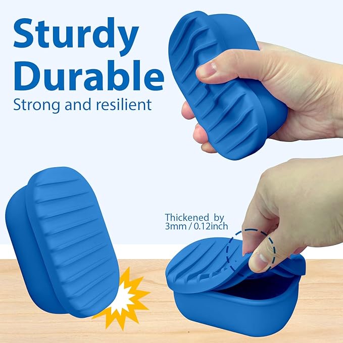 Leakproof Silicone Travel Soap Case with Drainage Layer, Silicone Bar Soap Holder Compact Portable Shatterproof Soap Container Box for Bathroom Gym Camp Travel Toiletries (KleinBlue, Drainage Lid)