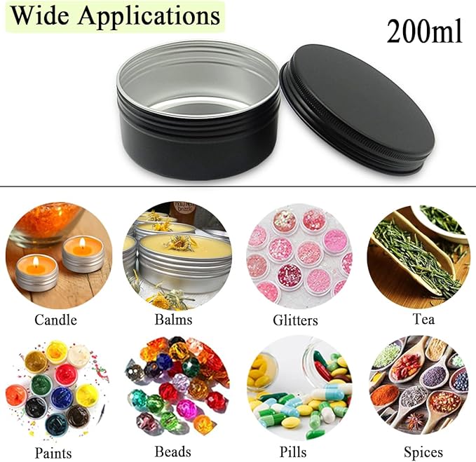 4pack 200ml Aluminum Tin, 200 Gram Black Empty Travel Cosmetic Sample Containers with Screw Cap Lid, 200g Metal Tins Can Storage Travel Jars for DIY Crafts, Lip Balms, Face Cream, Candle, Tea