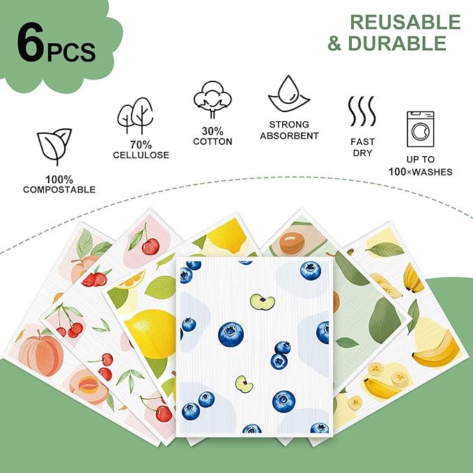 Swedish Dishcloths for Kitchen, 6 Pack, Reusable Paper Towels Washable,Super Absorbent, Fast Dry Cleaning Cloths,Non-Scratch, No Odor, Biodegradable Cleaning Cloths.