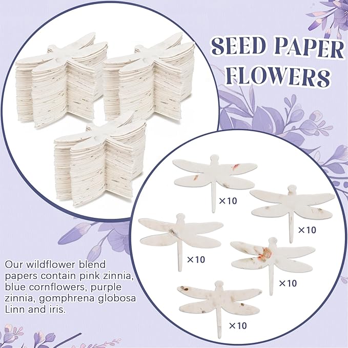 50 Pcs Handmade Seed Paper Plantable Wildflower Seed Paper Recycled Flower Petals Tags Wedding Favors for Guests Craft Gifts Cards for Envelope Birthday Party, 5 Styles (Dragonfly Shape)
