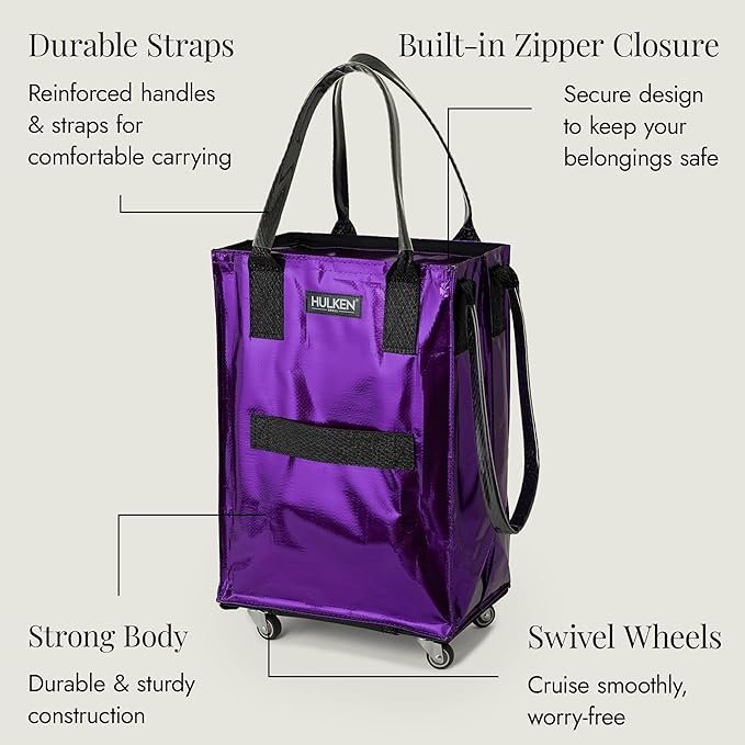 HULKEN (Small, Ultraviolet) Reusable Grocery Bag On Wheels, Shopping Trolley, Rolling Tote, Zipper Closure, Lightweight, Carries Up to 66 lb, Folds Flat