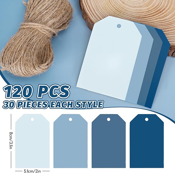 Whaline 120Pcs Dusty Blue Gift Tags Gradient Blue Hanging Labels with Hemp Rope Bulk 4 Colors Blank Paper Tags for Wedding Birthday Holiday Baby Shower DIY Art Craft Supplies