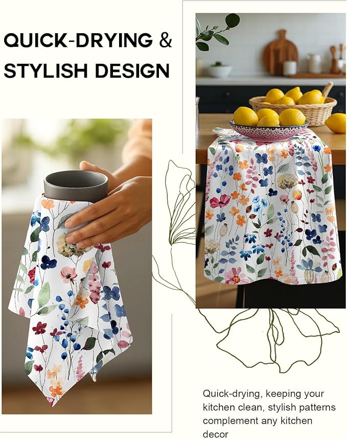 Flour Sack Kitchen Towels Set of 2-18x26 Cotton Dish Towels with Hanging Loop Reusable Tea Towel for Cleaning Spring Absorbent Dishcloths Cute Home Decor Housewarming, Watercolor Flower