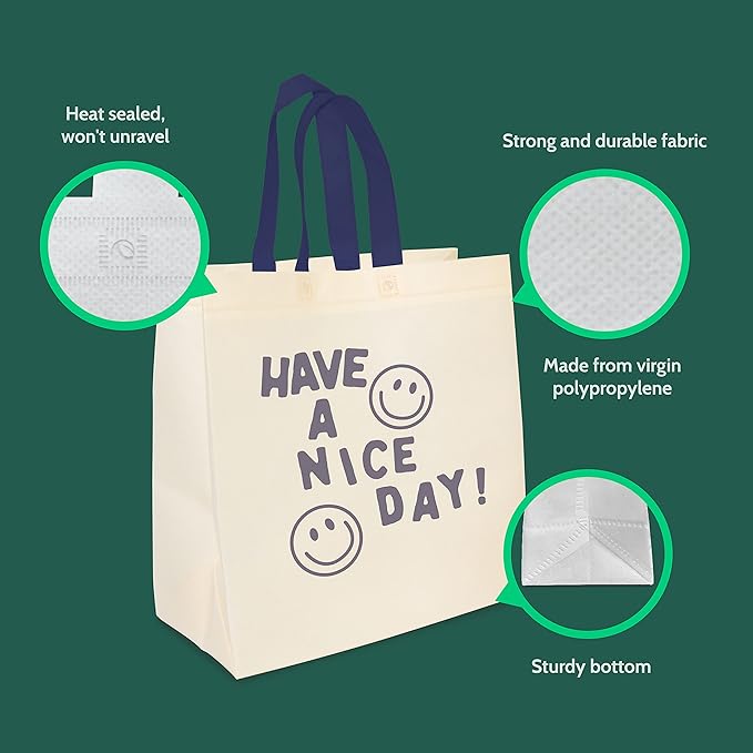 Bagways 50 PACK Reusable Grocery Bags with Handles, Durable, Foldable, Washable Eco-Friendly Shopping Tote Bags Bulk, 14x6.5x14 Inch, Cream/Blue Design