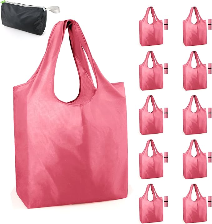 BeeGreen Watermelon Red Reusable Grocery Bags with Elastic Band Reusable Shopping Bags Bulk 50LBS X-Large Foldable-Machine Washable-Heavy Duty 10 Pieces