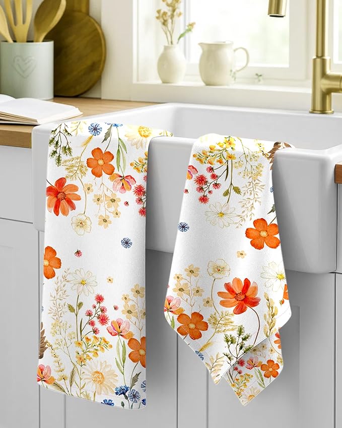 Flour Sack Kitchen Towels Set of 2-18x26 Cotton Dish Towels with Hanging Loop Reusable Tea Towel for Cleaning Spring Absorbent Dishcloths Cute Home Decor Housewarming, Red Flower