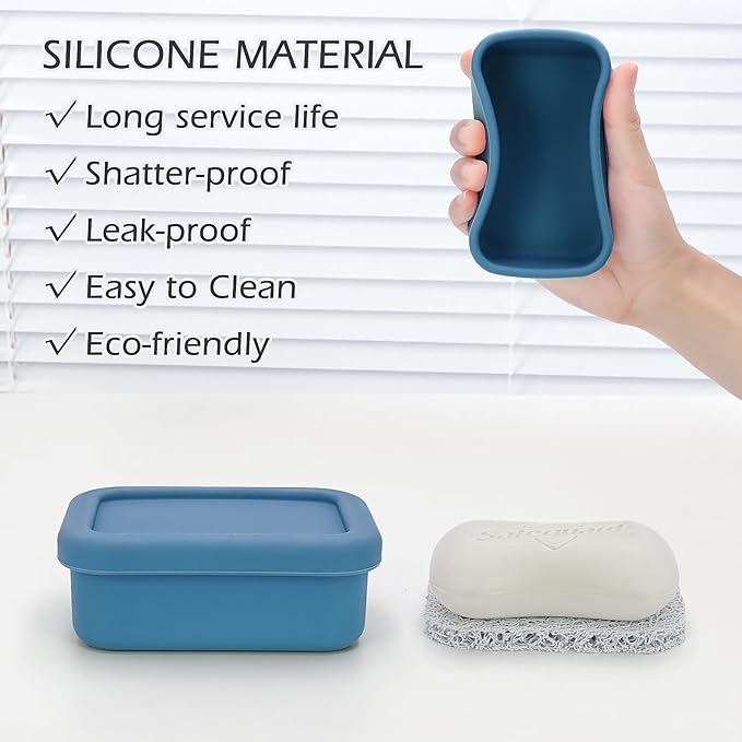 Leak Proof Silicone Travel Soap Case with Draining Layer, Compact Portable Soap Container, Shatterproof Soap Holder for Traveling, Camping, Gym, Bar Soap Caddy (Dark Blue)