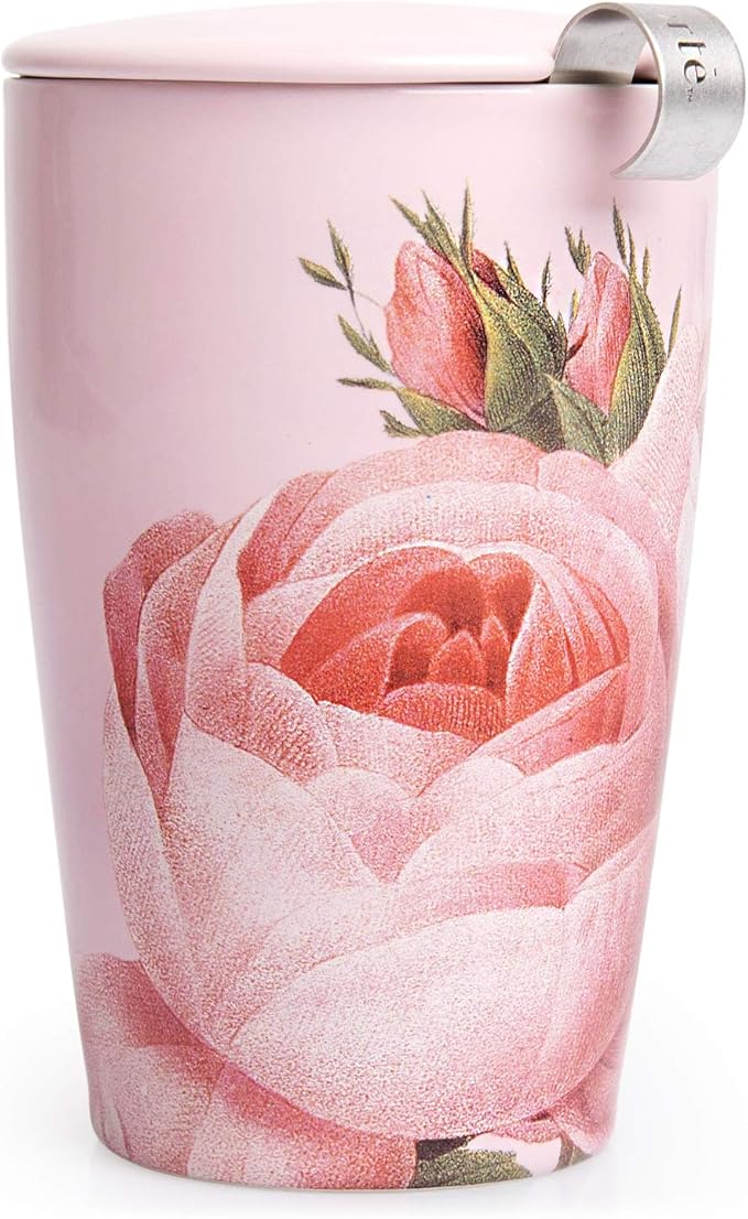 Tea Forte Double-Walled Ceramic Kati Cup, Removable Stainless Steel Infuser Basket and Lid, Steeps 12 oz Loose Leaf Tea, Dishwasher & Microwave Safe, Jardin