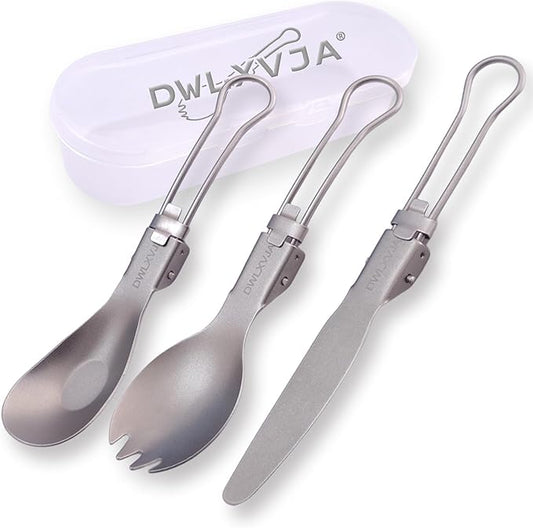 Reusable Camping Utensils Set Titanium, 3-Piece Spork Spoon Knife Combo with Case, Lightweight Foldable Flatware for Hiking, Backpacking, Travel & Workplace Lunch, Gifts for Men, Outdoorsmen, Campers