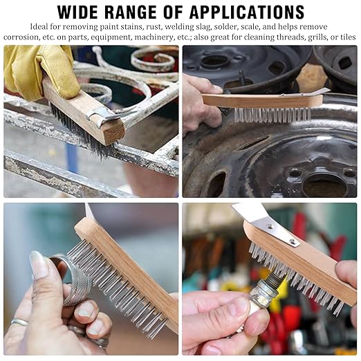 MAXMAN Stainless Steel Wire Scratch Brush, 12 Inch Wooden Handle Wire Brush with Metal Scraper, Heavy Duty Wire Brushes for Cleaning Rust, Paint Scrubbing, Dust and Other Hard Surfaces 2 Pieces