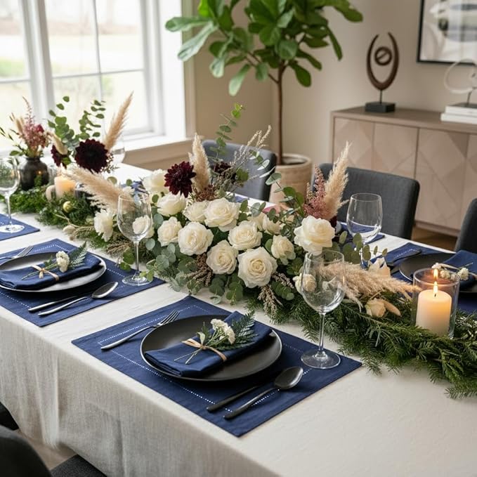D'Moksha Homes Linen Placemats Set of 4 - Classic Hemstitch Navy Blue Placemats 14 x 19 Inch - 100% Pure Linen Table Mats for Winter, Christmas, Holiday - Handcrafted and Machine Washable
