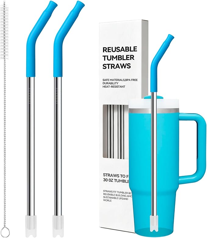 Metal Straw Reusable for Stanley 30 OZ Tumbler, 2 Pcs Long Stainless Steel Drinking Straws with Silicone Tip for STANLEY Quencher 30 oz Cups, 1 Straw Brush, BPA Free Dishwasher Safe(Sky Blue)