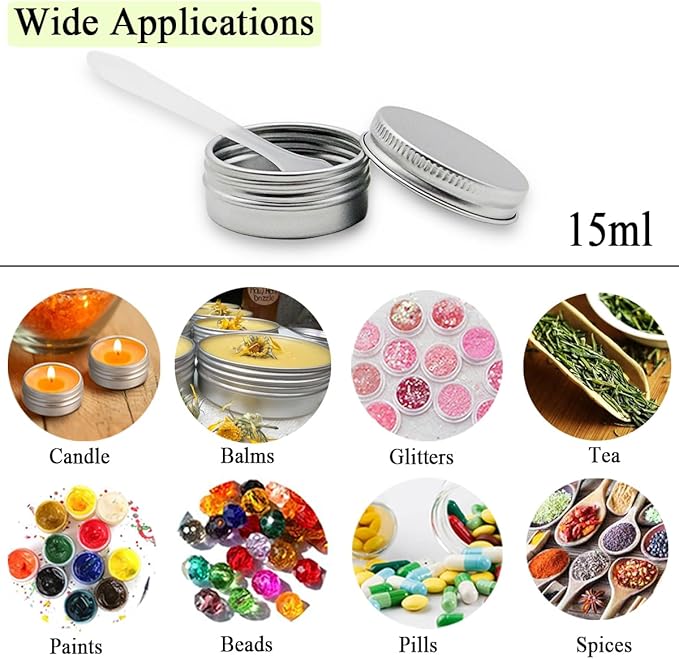 15 Pack 15g Travel Size Metal Round Tins, 15ml Silver Aluminum Tin Cans Containers with Screw Lid for Makeup Samples, Nails, Lip Gloss Balm, Salve, Spices, Candy, Candle, Tea, FREE Spatulas