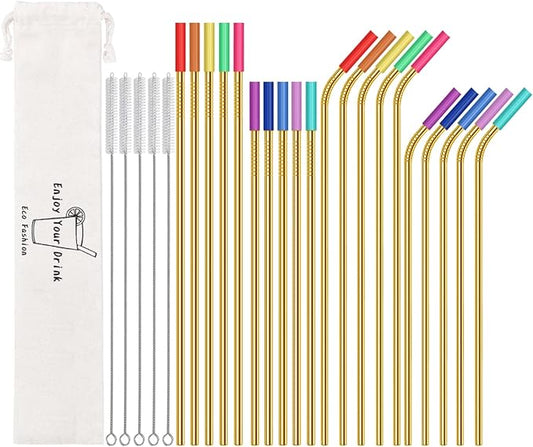 20 Pcs Gold Reusable Stainless Steel Straws,10.5" & 8.5" Reusable Drinking Straws with 20 Silicone Tips 5 Straw Brushes 1 Travel Case,Eco Friendly Extra Long Metal Straw for 20 24 30 oz Tumbler