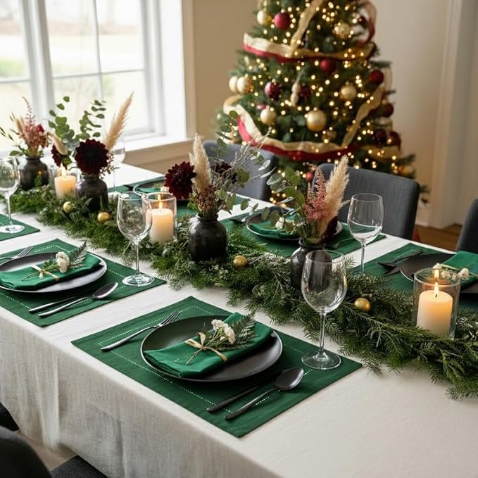 D'Moksha Homes Linen Placemats Set of 4 - Classic Hemstitch Forest Green Placemats 14 x 19 Inch - 100% Pure Linen Table Mats for Christmas, Holiday - Handcrafted and Machine Washable