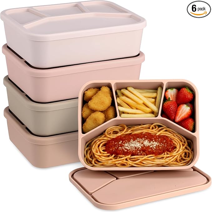 Honeydak 4 Pcs Silicone Bento Box Reusable Lunch Container 4 Compartment Snack Boxes with Lid Smooth LeakProof Rectangle Food Boxes for Adult Work Travel Food Storage (Gentle Color)