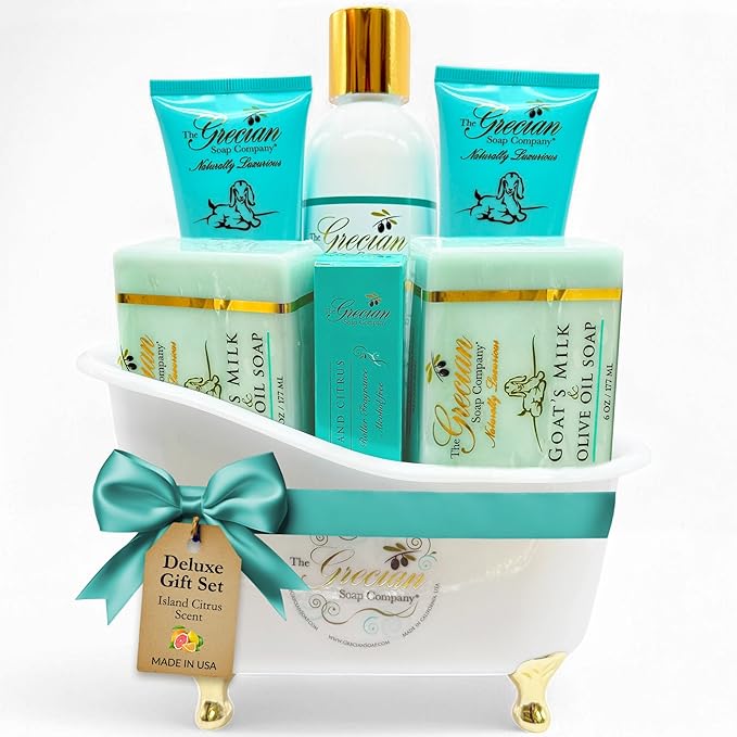 The Grecian Soap Company Deluxe Bathtub Gift Set, 6pcs Goat Milk & Olive Oil Skin Care Set, Birthday Gifts for Women, Bridal Shower Gifts, Gifts for Mom, Island Citrus Scent, Handmade in the USA
