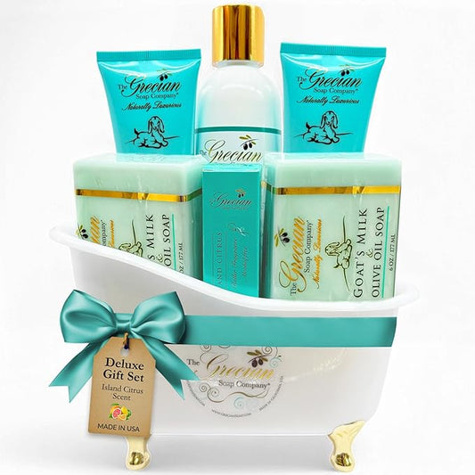 The Grecian Soap Company Deluxe Bathtub Gift Set, 6pcs Goat Milk & Olive Oil Skin Care Set, Birthday Gifts for Women, Bridal Shower Gifts, Gifts for Mom, Island Citrus Scent, Handmade in the USA
