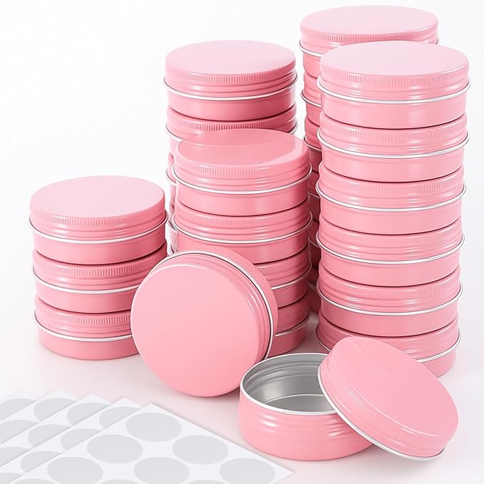 Patelai 72 Pcs 2 oz Aluminum Tins Salve Containers with Screw Lid and Labels Round Cans Travel Cosmetic Metal Tins Jar for Candles Lotion Bars Balms Food Spice Candies DIY Crafts(Pink)